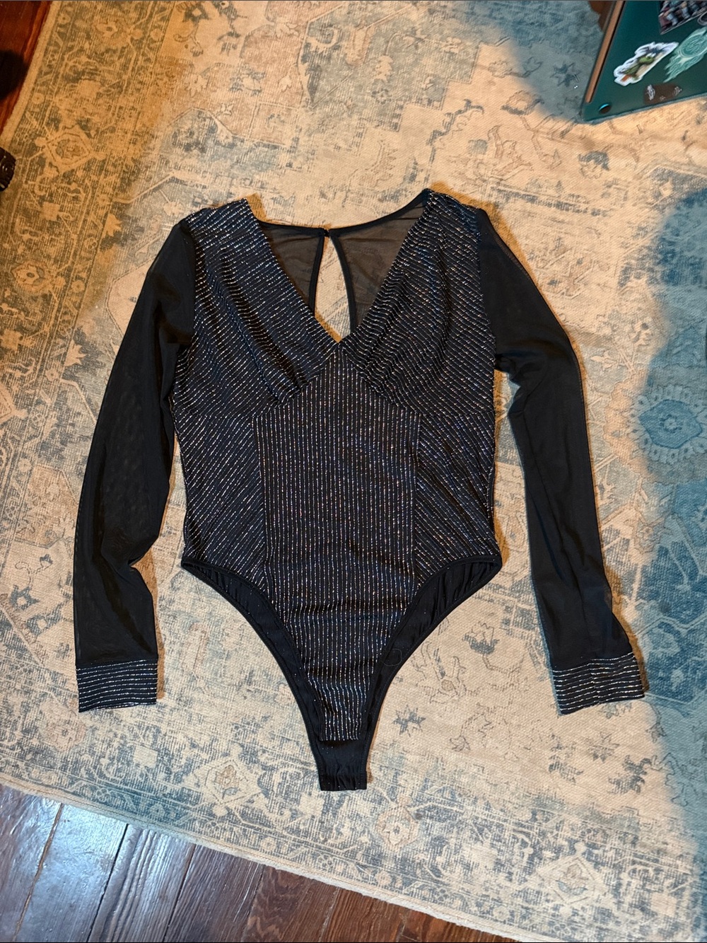SHEIN Black Glitter Long-Sleeve V-Neck Bodysuit